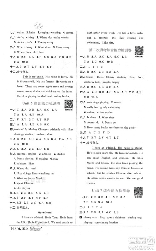 江西教育出版社2021阳光同学课时优化作业五年级英语上册YL译林版淮宿连专版答案