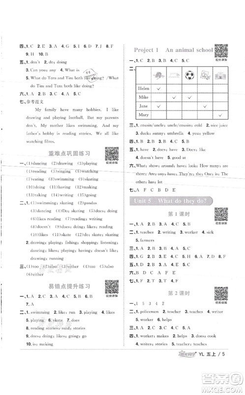 江西教育出版社2021阳光同学课时优化作业五年级英语上册YL译林版徐州专版答案