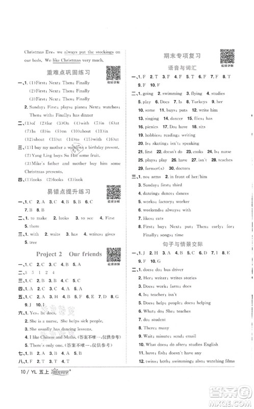 江西教育出版社2021阳光同学课时优化作业五年级英语上册YL译林版徐州专版答案