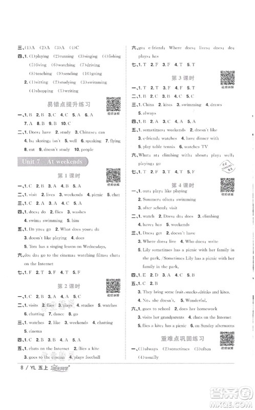 江西教育出版社2021阳光同学课时优化作业五年级英语上册YL译林版徐州专版答案