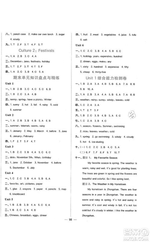 江西教育出版社2021阳光同学课时优化作业五年级英语上册广东人民版答案