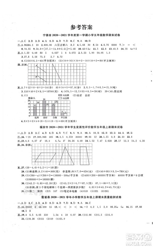 江西教育出版社2021阳光同学课时优化作业五年级数学上册SJ苏教版宁德专版答案