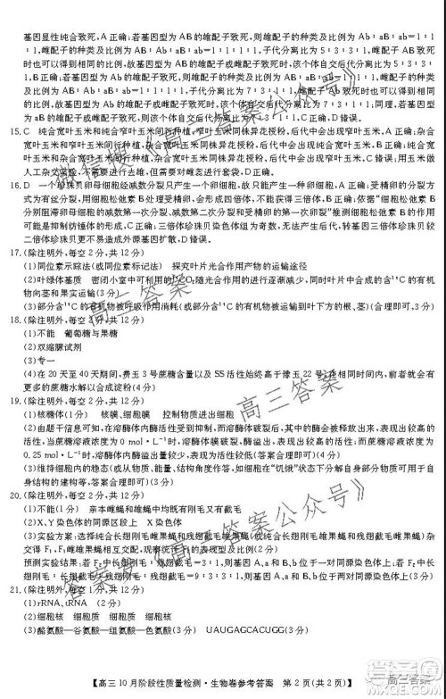 广东省普通高中2022届高三10月阶段性质量检测生物试题及答案