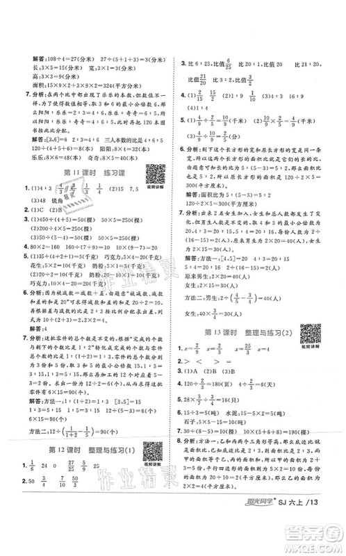 江西教育出版社2021阳光同学课时优化作业六年级数学上册SJ苏教版答案