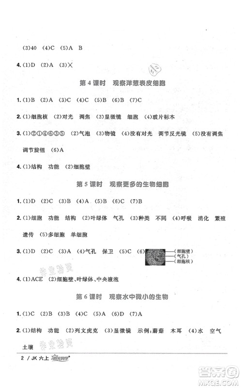 江西教育出版社2021阳光同学课时优化作业六年级科学上册JK教科版答案