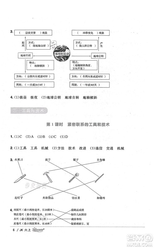 江西教育出版社2021阳光同学课时优化作业六年级科学上册JK教科版答案