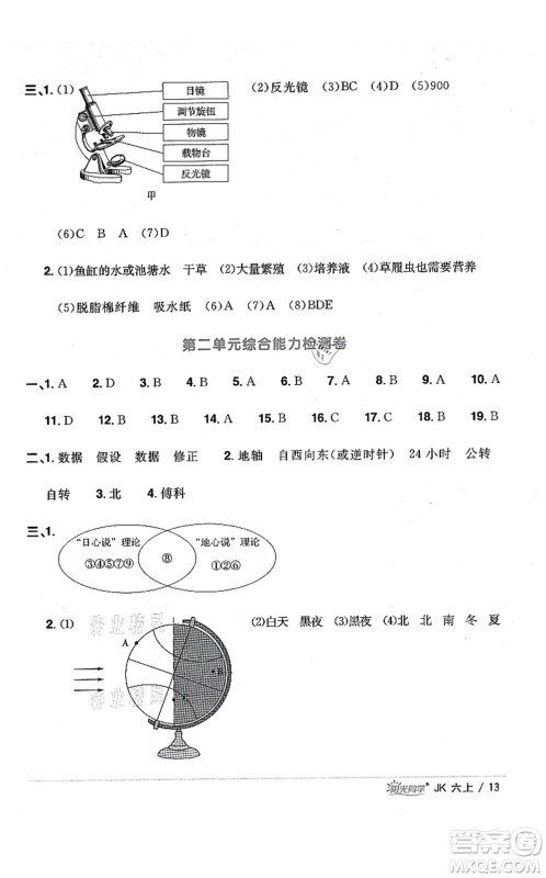 江西教育出版社2021阳光同学课时优化作业六年级科学上册JK教科版答案