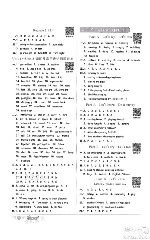 江西教育出版社2021阳光同学课时优化作业六年级英语上册PEP版答案