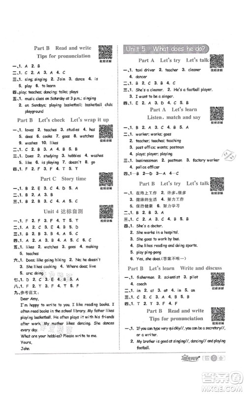 江西教育出版社2021阳光同学课时优化作业六年级英语上册PEP版答案