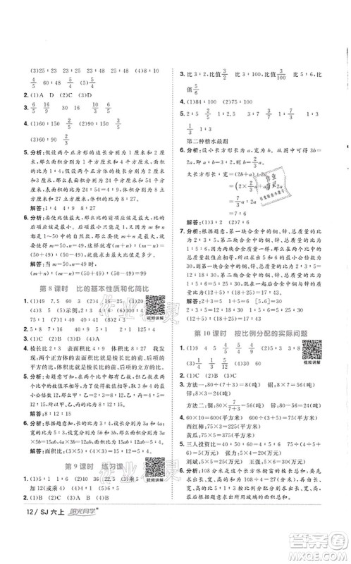 江西教育出版社2021阳光同学课时优化作业六年级数学上册SJ苏教版徐州专版答案