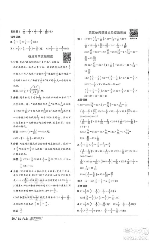 江西教育出版社2021阳光同学课时优化作业六年级数学上册SJ苏教版徐州专版答案