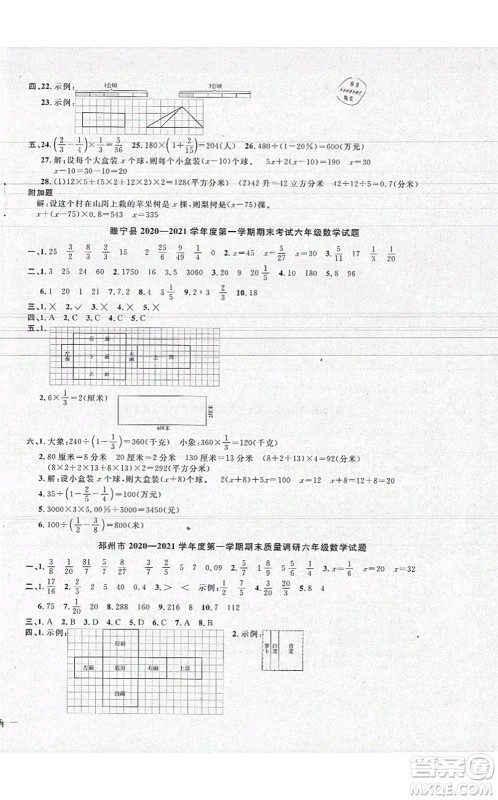 江西教育出版社2021阳光同学课时优化作业六年级数学上册SJ苏教版徐州专版答案