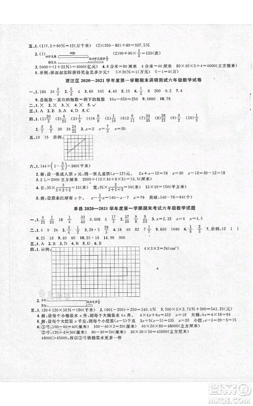 江西教育出版社2021阳光同学课时优化作业六年级数学上册SJ苏教版徐州专版答案