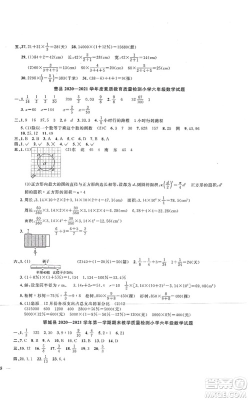 江西教育出版社2021阳光同学课时优化作业六年级数学上册RJ人教版菏泽专版答案