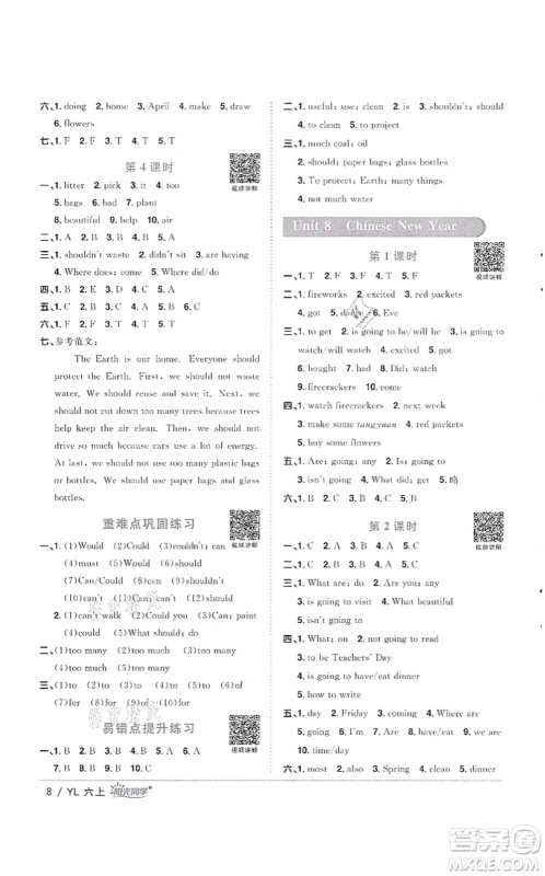 江西教育出版社2021阳光同学课时优化作业六年级英语上册YL译林版徐州专版答案