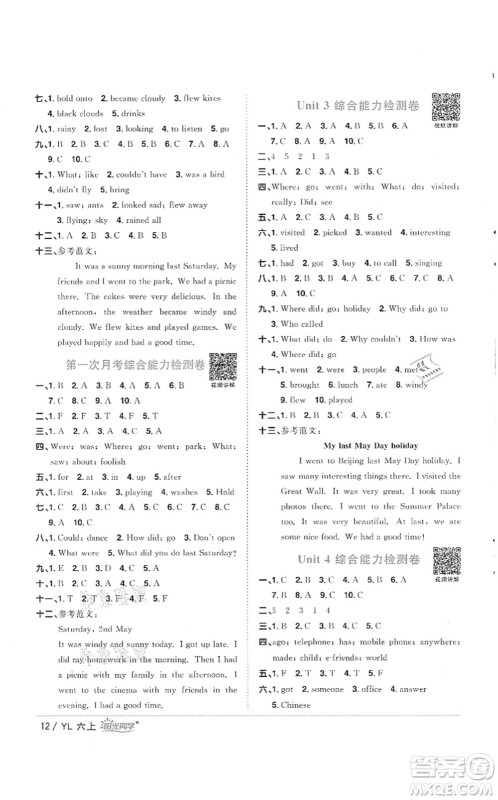 江西教育出版社2021阳光同学课时优化作业六年级英语上册YL译林版徐州专版答案