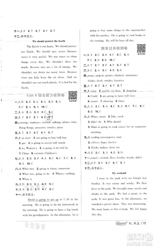 江西教育出版社2021阳光同学课时优化作业六年级英语上册YL译林版徐州专版答案