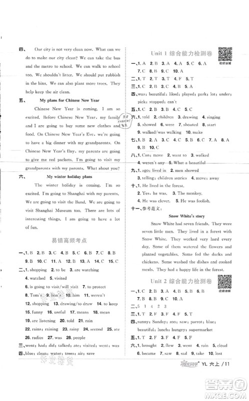 江西教育出版社2021阳光同学课时优化作业六年级英语上册YL译林版徐州专版答案