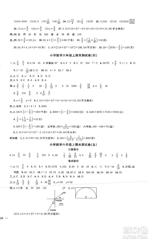江西教育出版社2021阳光同学课时优化作业六年级数学上册RJ人教版湖北专版答案