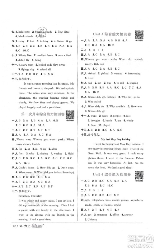 江西教育出版社2021阳光同学课时优化作业六年级英语上册YL译林版淮宿连专版答案