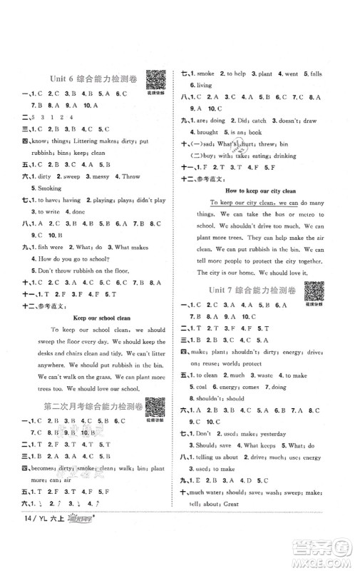江西教育出版社2021阳光同学课时优化作业六年级英语上册YL译林版淮宿连专版答案