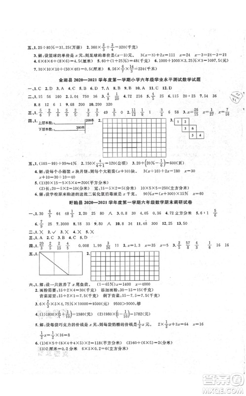 江西教育出版社2021阳光同学课时优化作业六年级数学上册SJ苏教版淮宿连专版答案