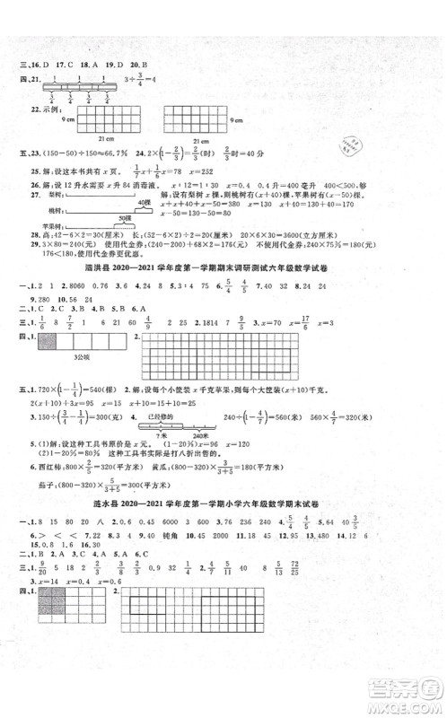 江西教育出版社2021阳光同学课时优化作业六年级数学上册SJ苏教版淮宿连专版答案