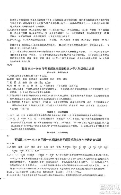 江西教育出版社2021阳光同学课时优化作业六年级语文上册RJ人教版菏泽专版答案
