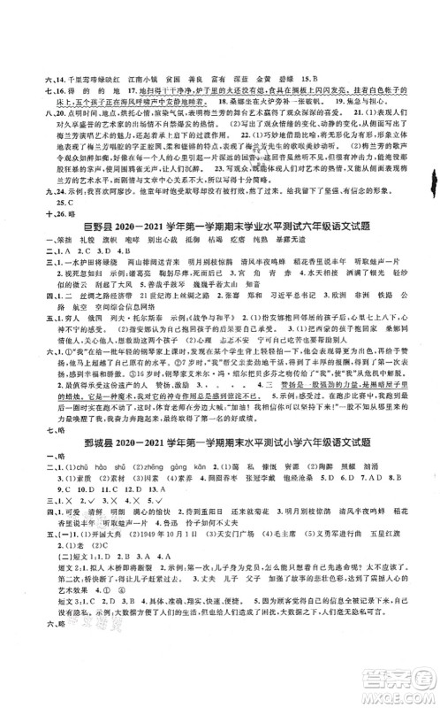 江西教育出版社2021阳光同学课时优化作业六年级语文上册RJ人教版菏泽专版答案