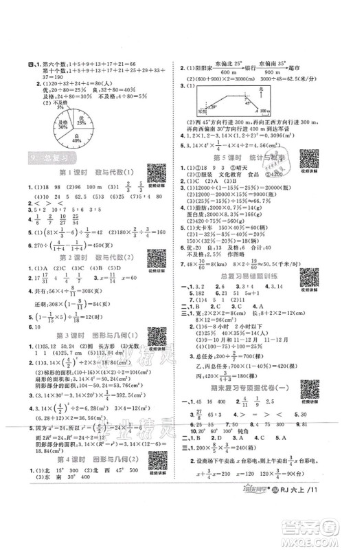 江西教育出版社2021阳光同学课时优化作业六年级数学上册RJ人教版江门专版答案