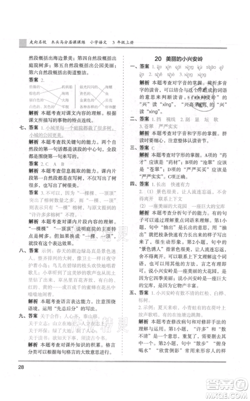 湖南师范大学出版社2021木头马分层课课练三年级上册语文人教版浙江专版参考答案