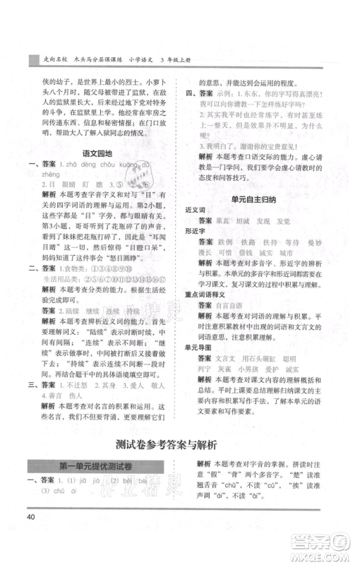 湖南师范大学出版社2021木头马分层课课练三年级上册语文人教版浙江专版参考答案