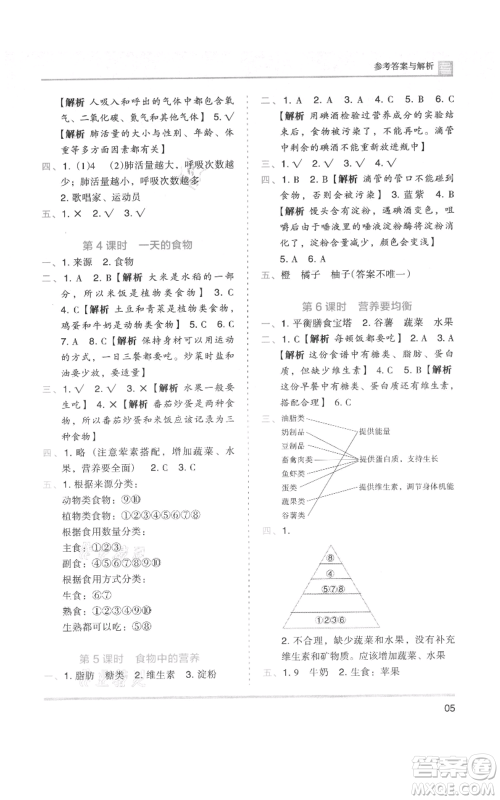 湖南师范大学出版社2021木头马分层课课练四年级上册科学教科版参考答案