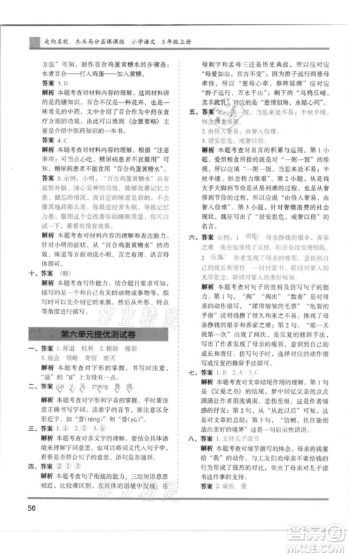湖南师范大学出版社2021木头马分层课课练五年级上册语文人教版浙江专版参考答案
