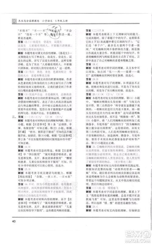 鹭江出版社2021木头马分层课课练五年级上册语文部编版福建专版参考答案
