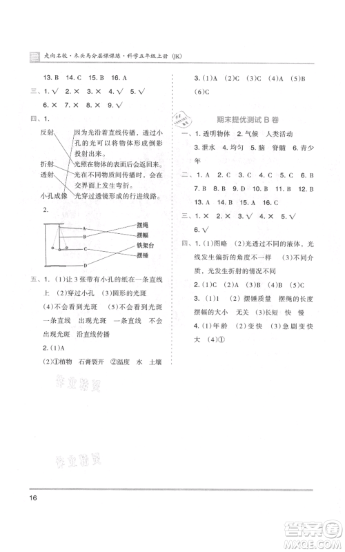 湖南师范大学出版社2021木头马分层课课练五年级上册科学教科版参考答案