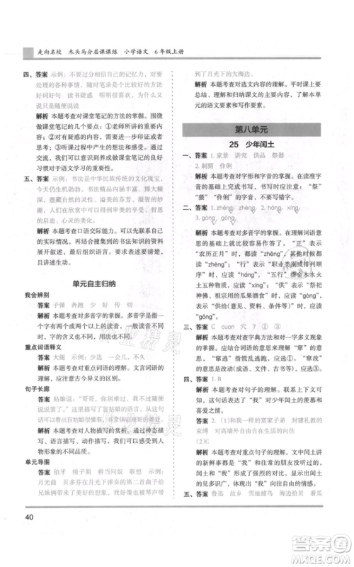 湖南师范大学出版社2021木头马分层课课练六年级上册语文人教版浙江专版参考答案