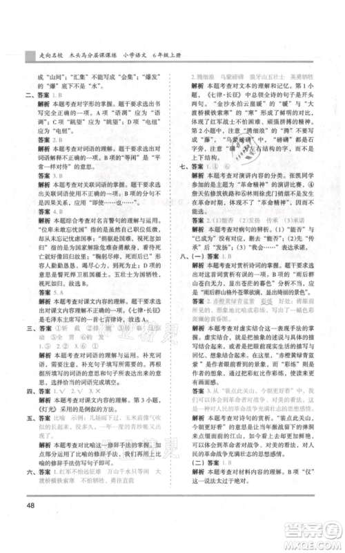 湖南师范大学出版社2021木头马分层课课练六年级上册语文人教版浙江专版参考答案