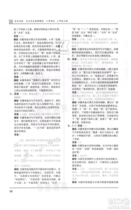湖南师范大学出版社2021木头马分层课课练六年级上册语文人教版浙江专版参考答案