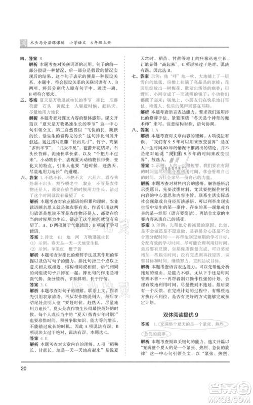 鹭江出版社2021木头马分层课课练六年级上册语文部编版福建专版参考答案