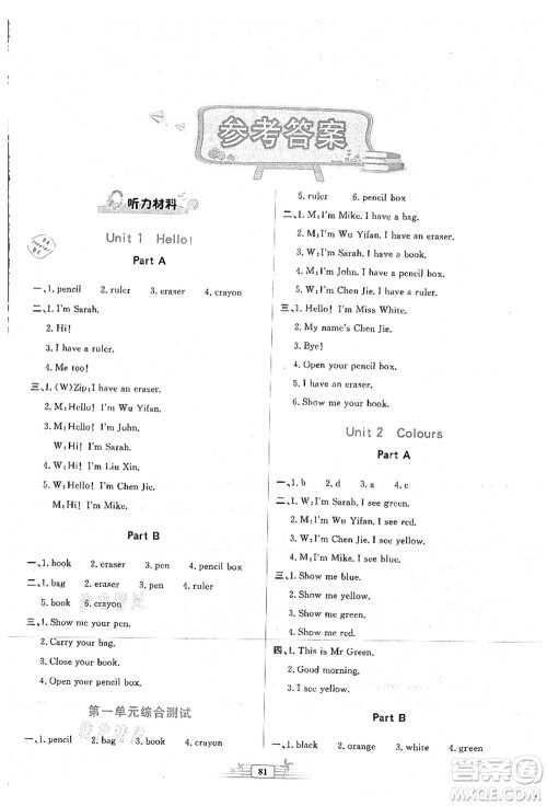 人民教育出版社2021阳光课堂金牌练习册三年级英语上册人教版答案