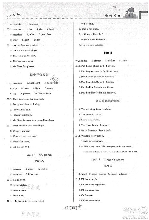 人民教育出版社2021阳光课堂金牌练习册四年级英语上册人教版答案 人民教育出版社2021阳光课堂金牌练习册四年级英语上册人教版答案