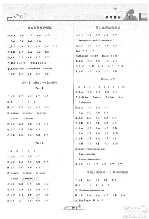 人民教育出版社2021阳光课堂金牌练习册四年级英语上册人教版答案 人民教育出版社2021阳光课堂金牌练习册四年级英语上册人教版答案