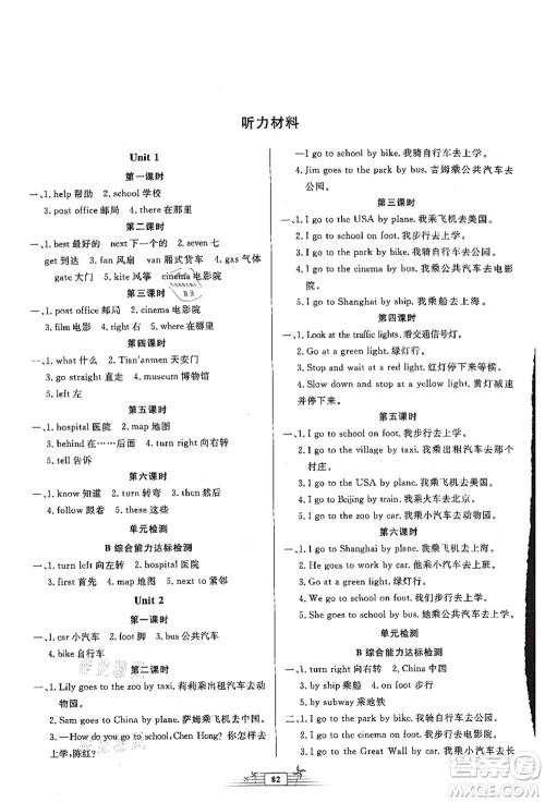 人民教育出版社2021阳光课堂金牌练习册六年级英语上册人教版答案