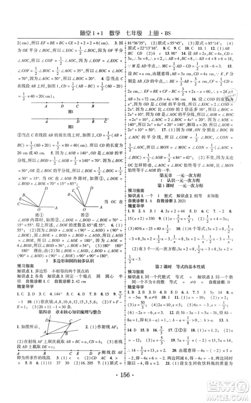 云南美术出版社2021随堂1+1导练七年级上册数学北师大版参考答案