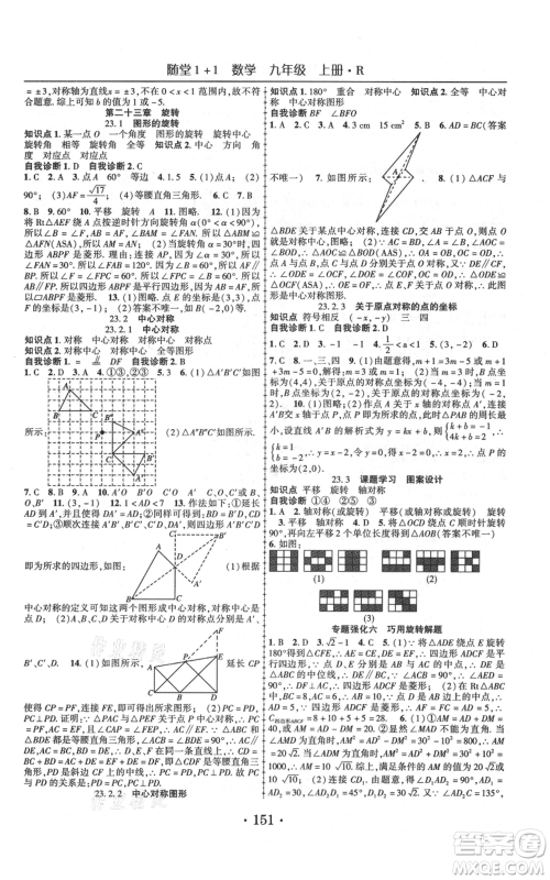 云南美术出版社2021随堂1+1导练九年级上册数学人教版参考答案