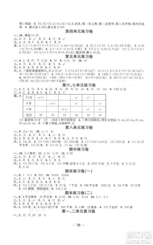 江苏凤凰美术出版社2021随堂练1+2五年级上册数学江苏版参考答案 江苏凤凰美术出版社2021随堂练1+2五年级上册数学江苏版参考答案