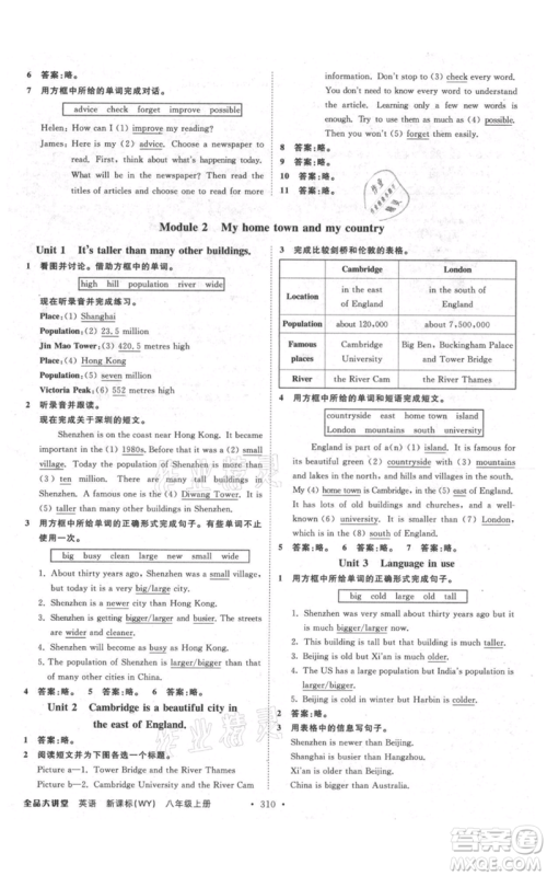 开明出版社2021全品大讲堂八年级上册初中英语外研版参考答案 开明出版社2021全品大讲堂八年级上册初中英语外研版参考答案