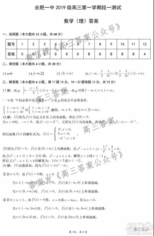 合肥一中2019级高三第一学期段一测试理科数学试题及答案