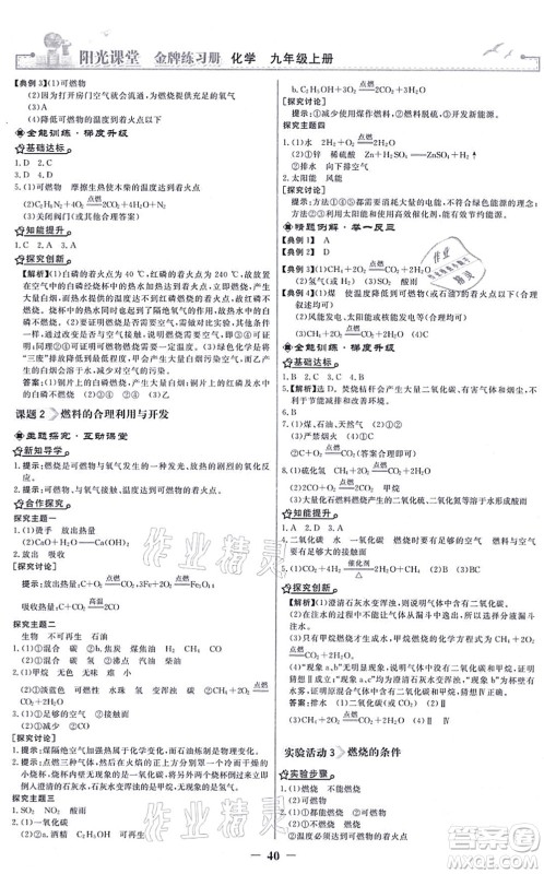 人民教育出版社2021阳光课堂金牌练习册九年级化学上册人教版答案